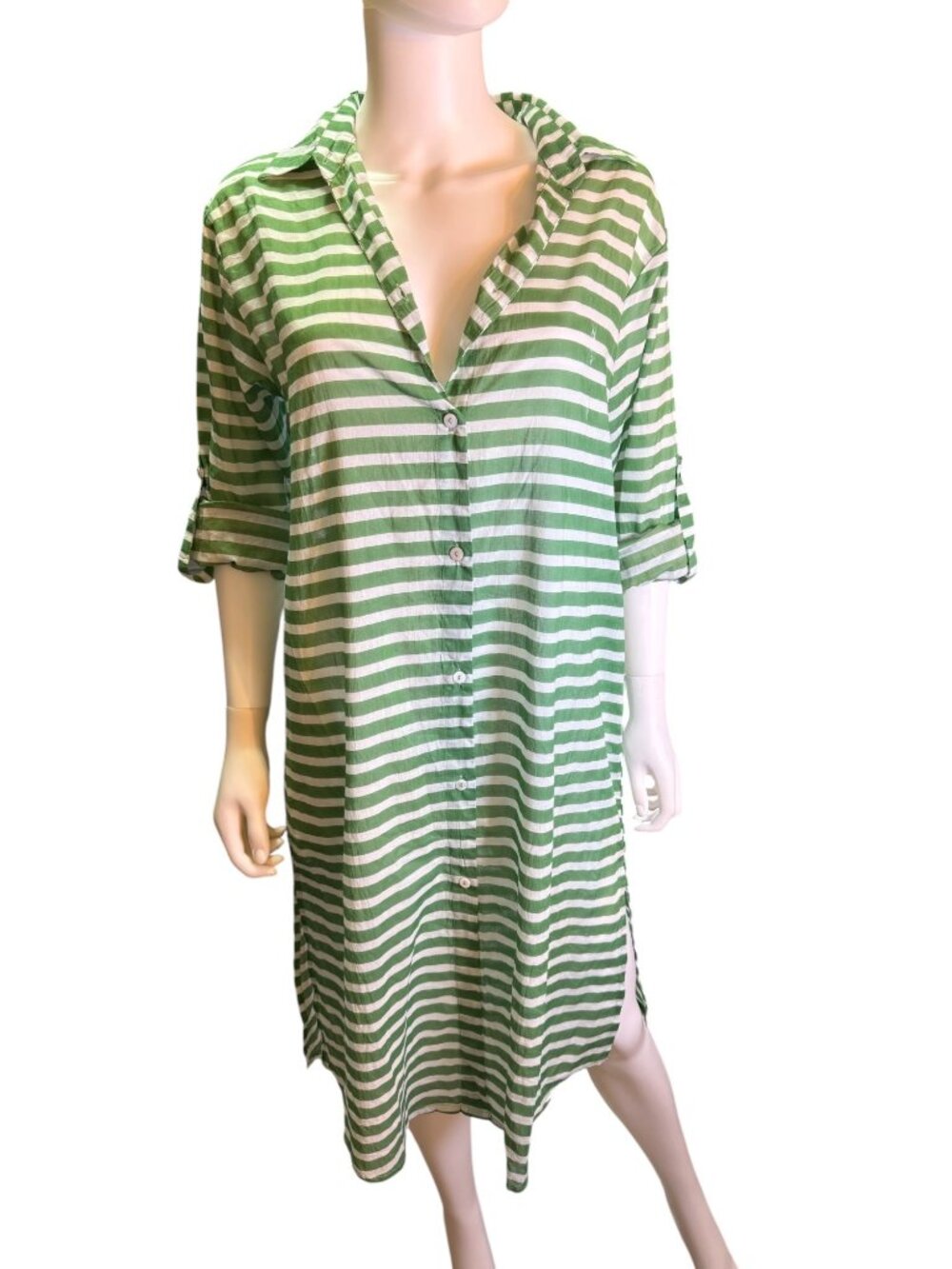 Sunshine Tienda Green/ White Stripe Alex Cover-Up Dress M Cotton Lightweight NWT